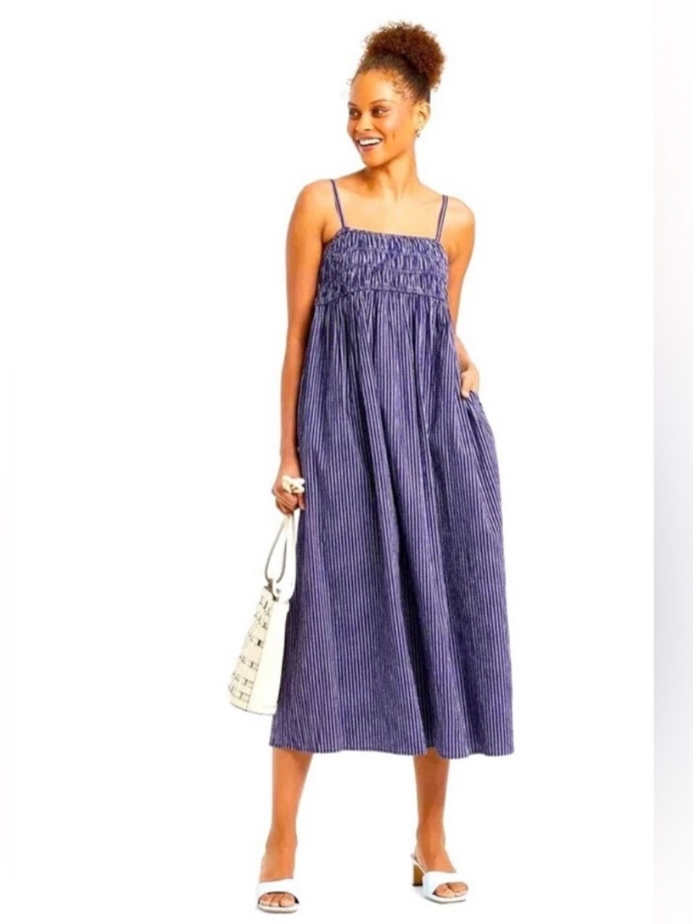 NWT a new day Navy Blue Pinstripe Spaghetti Strap Smocked MIDI Sundress